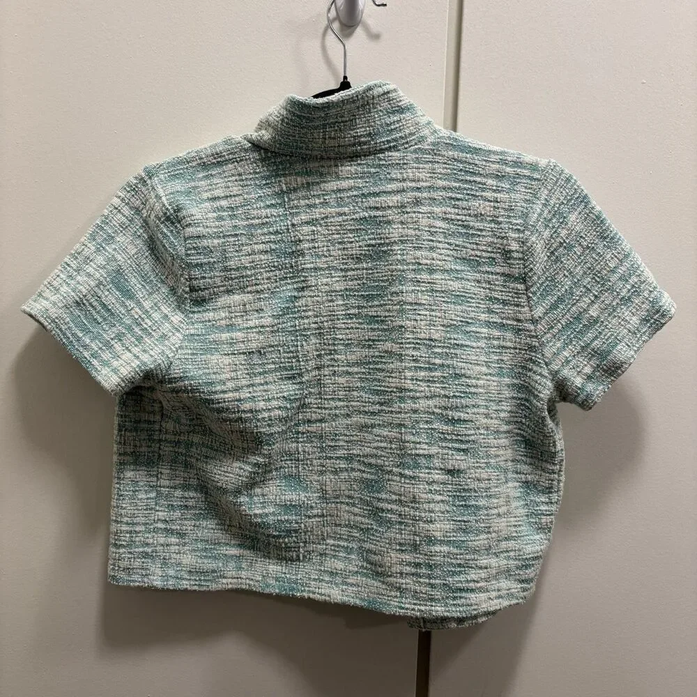 Finding Foxtale Girls Sz 12 Light Blue Twee Knit Jacket Pink Buttons Cropped